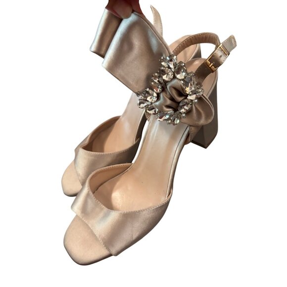 Paradox London Manhattan Satin Block Heel Sandals Rhinestone Bow Detail Sz 9.5 - Picture 3 of 8